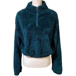 Emerald Green Boxy Crop Top Sweater Sz Medium Comfort Faux Fur Fleece 1/4 Zip